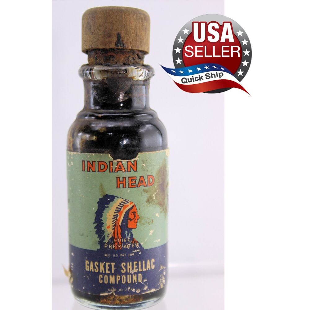 VTG Indian Head Permatex Gasket Shellac Compound Bottle • RARE WOOD & CORK TOP